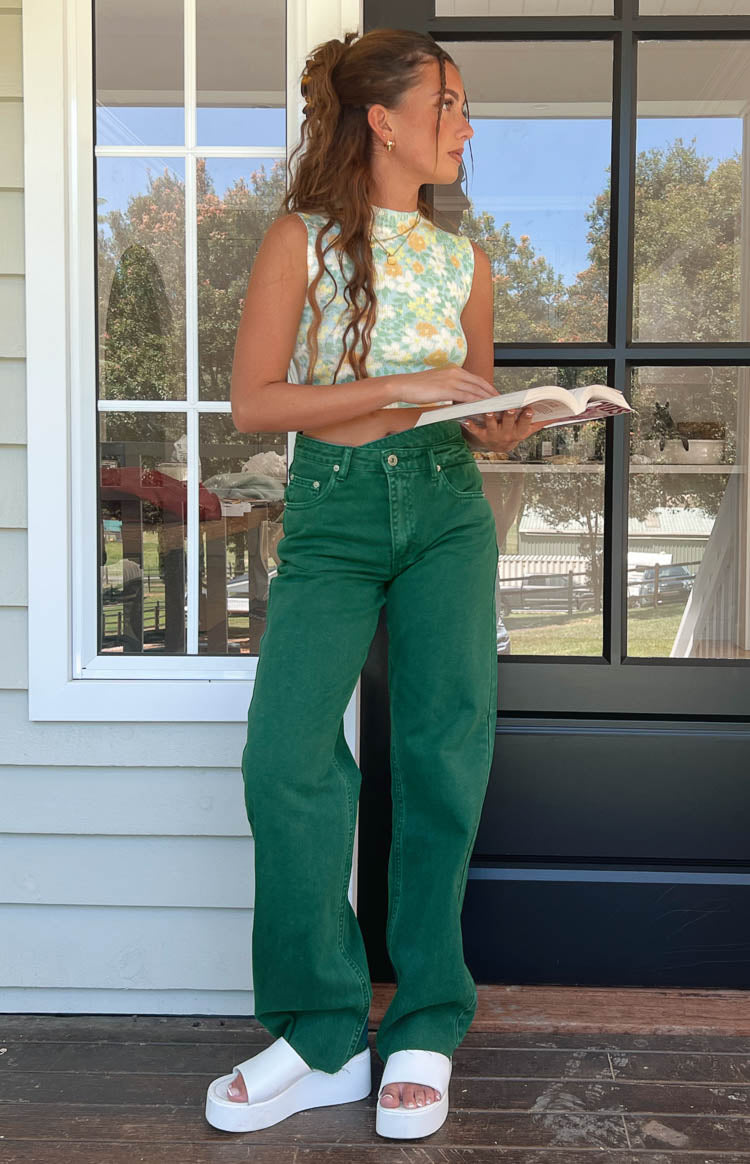 Kansis Green Uneven Waist Jeans Image